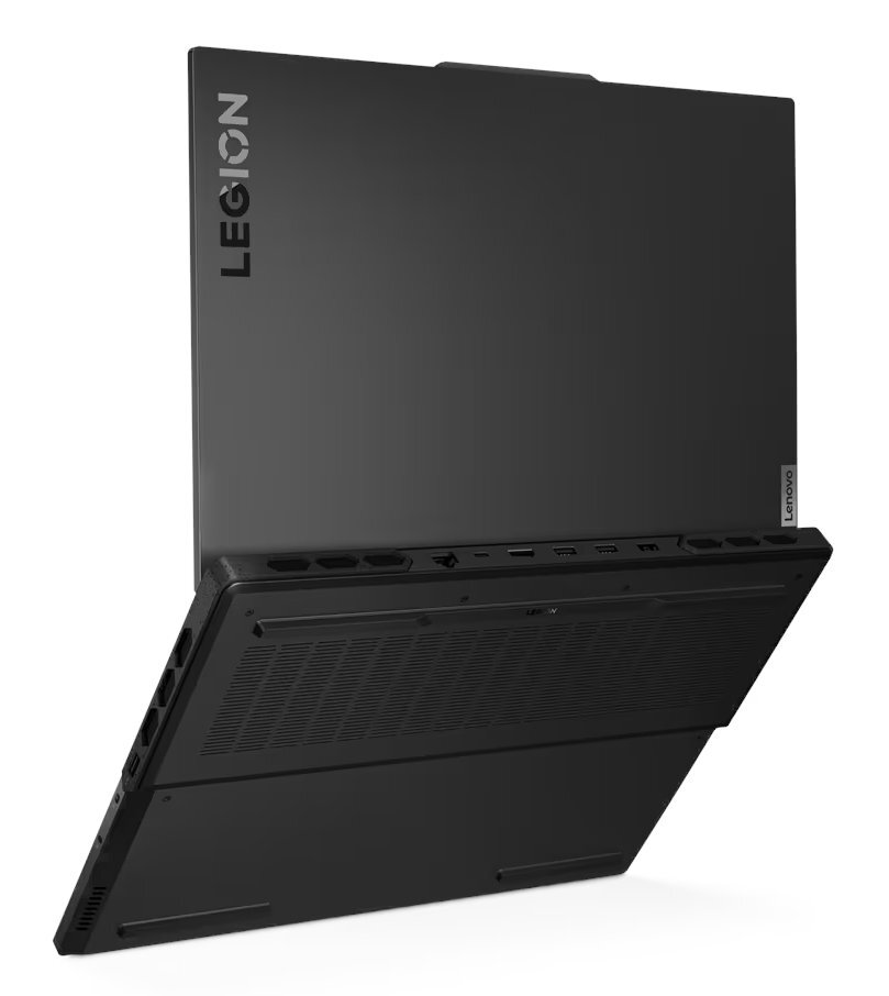 Czarny laptop Lenovo Legion z otwartą pokrywą. Widoczne logo Legion.