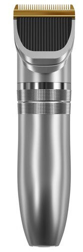 Srebrna i czarna maszynka do włosów. Złote ostrza znajdują się u góry. Izolowane na białym tle.