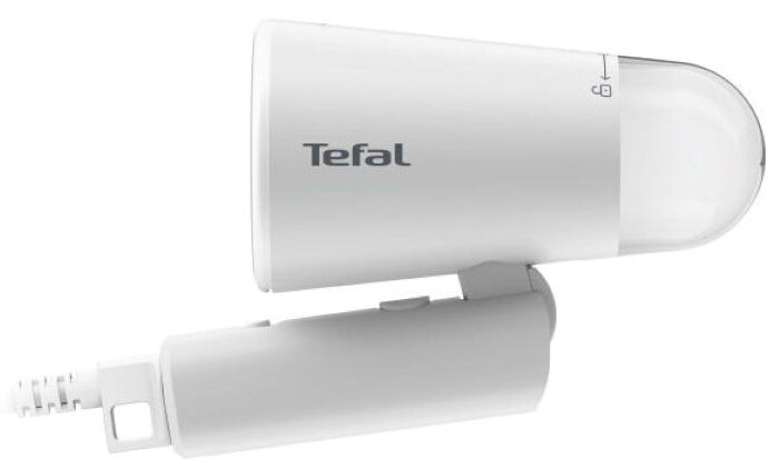 Biała ręczna parownica do odzieży Tefal z przewodem zasilającym i nazwą marki.