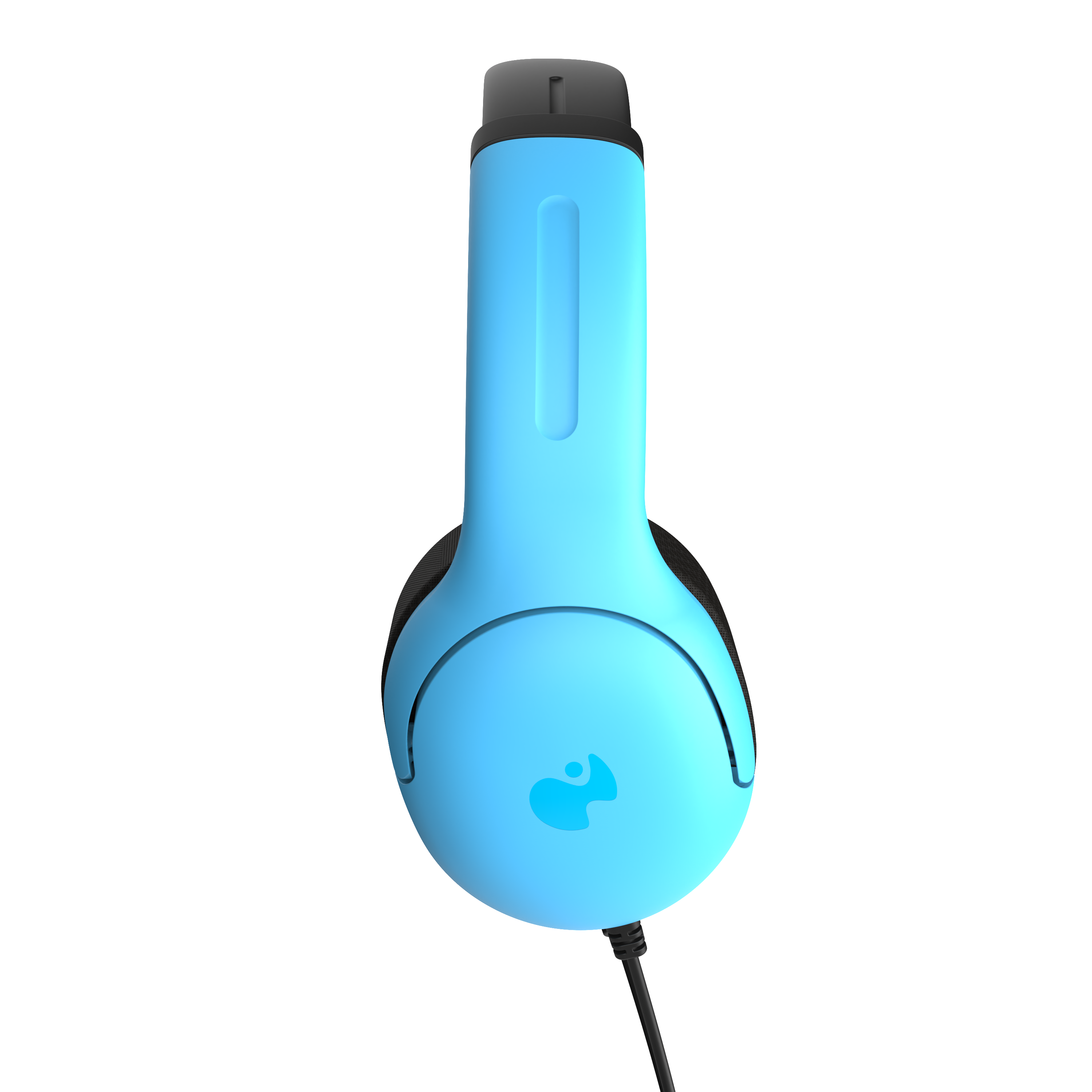 Ein blaues Headset mit Mikrofon, schwarzem Kabel und schwarzem Hintergrund.