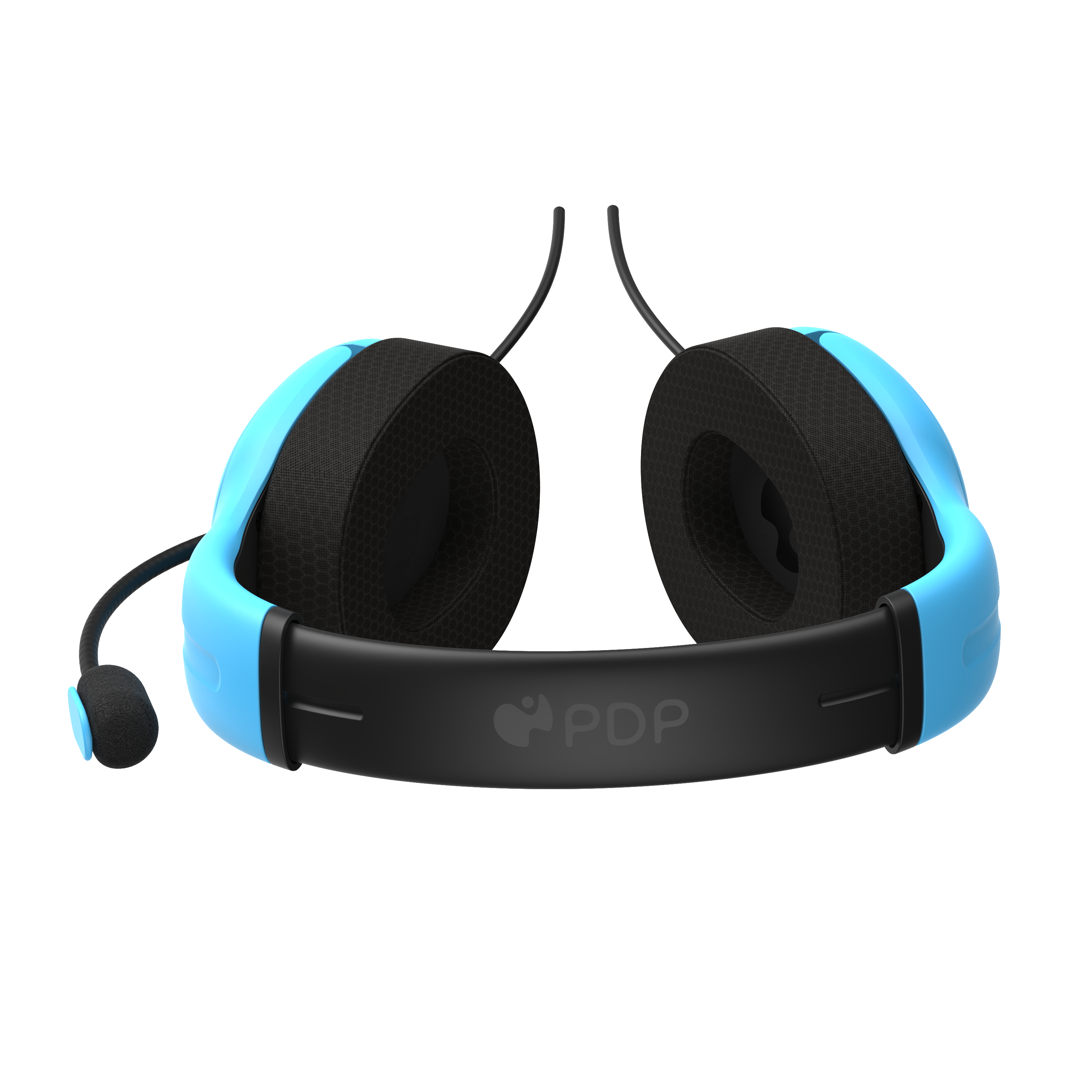 Blaues und schwarzes Gaming-Headset mit Mikrofon. Das Markenlogo ist auf dem Kopfband.