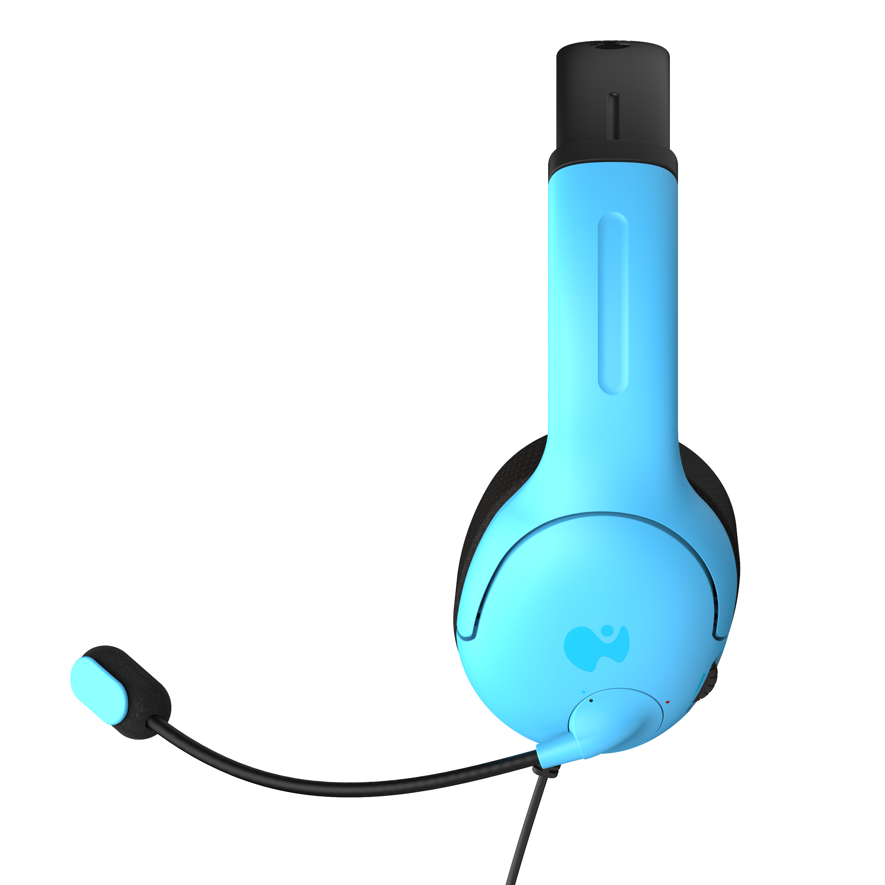 Blaues Headset mit Mikrofon an einem schwarzen Kabel. Das Headset hat ein Logo.