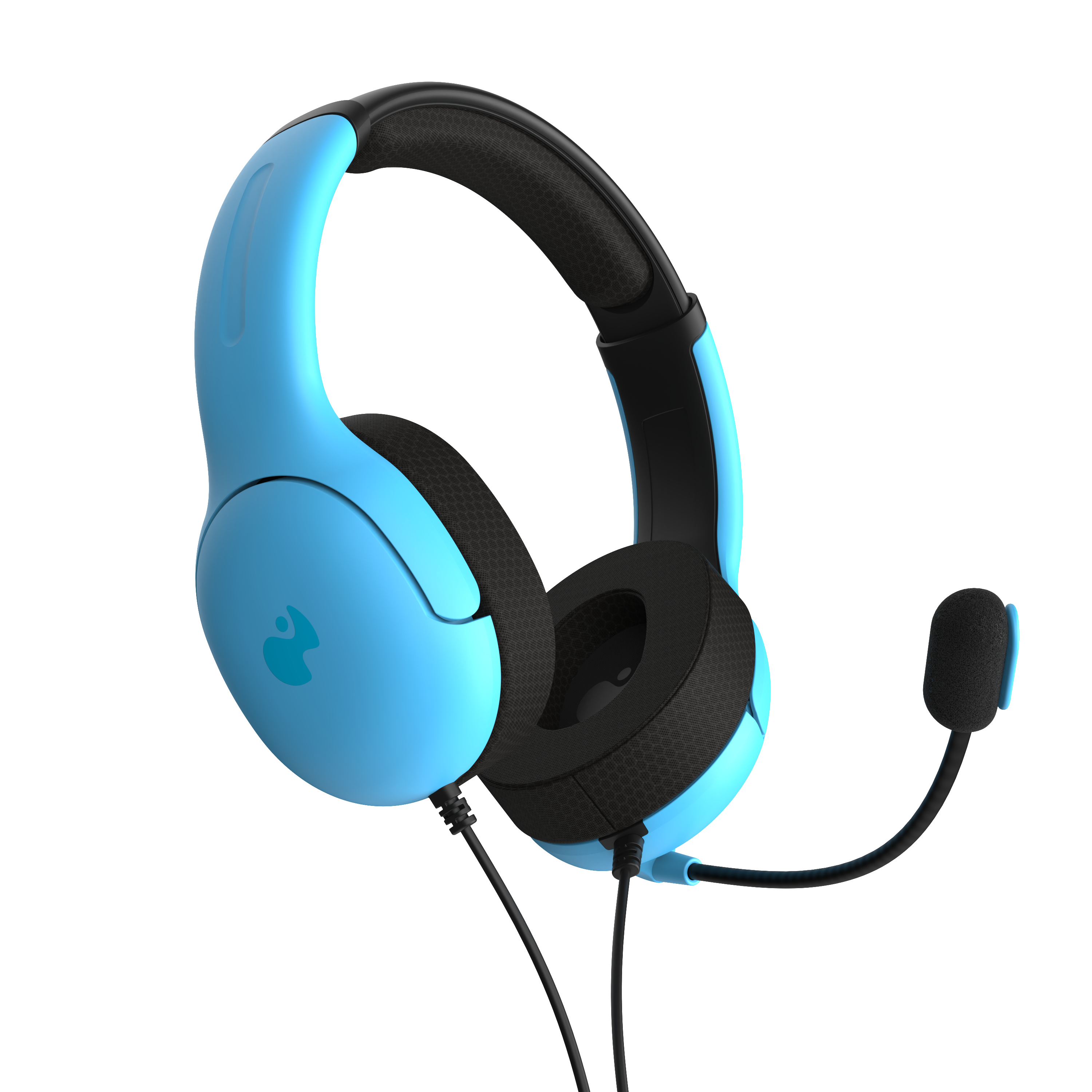 Blaues und schwarzes Gaming-Headset mit Mikrofon, Nahaufnahme.