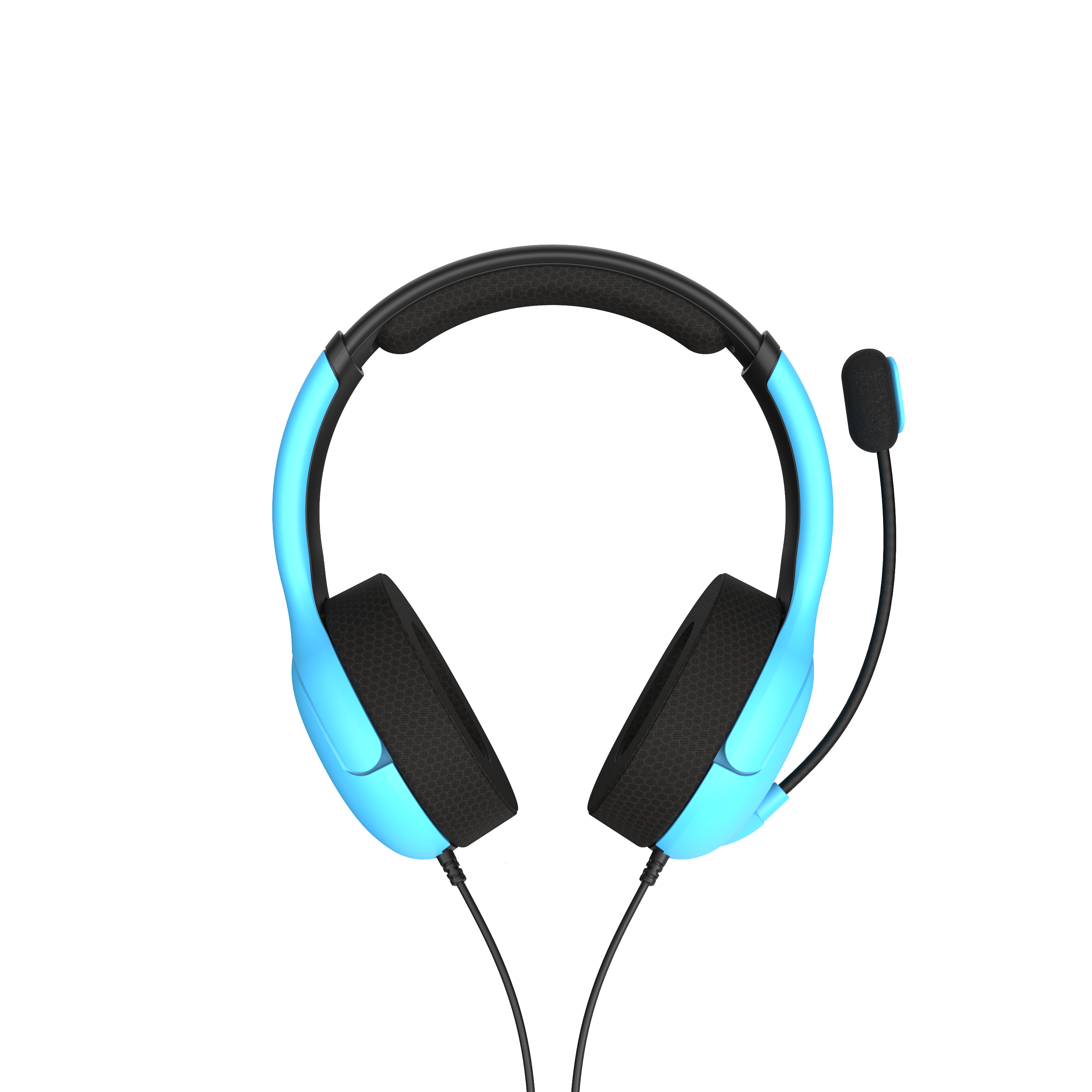 Blaues Gaming-Headset mit Mikrofon, schwarzer Hintergrund.