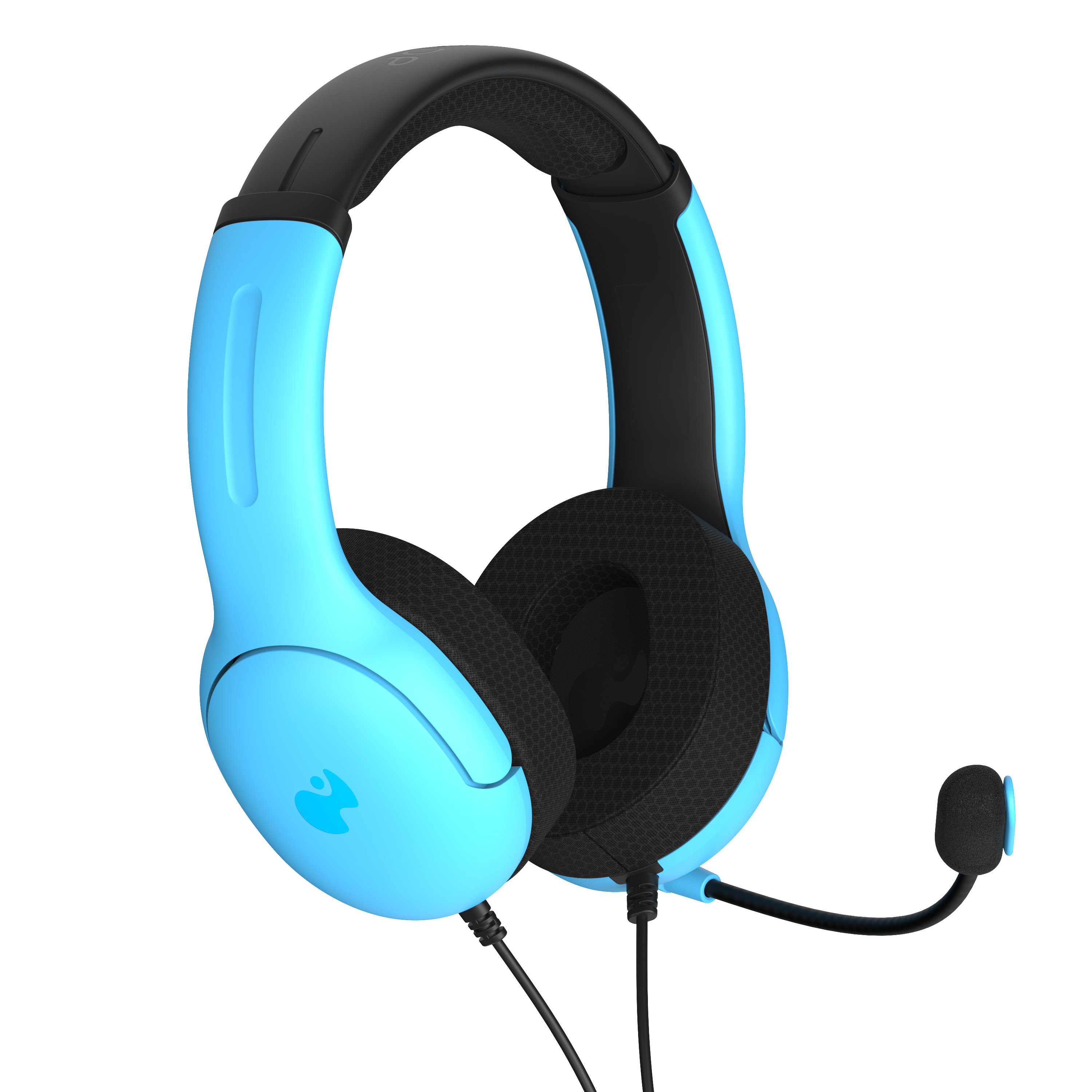 Blaues und schwarzes Gaming-Headset mit Mikrofon, isoliert auf schwarzem Hintergrund.