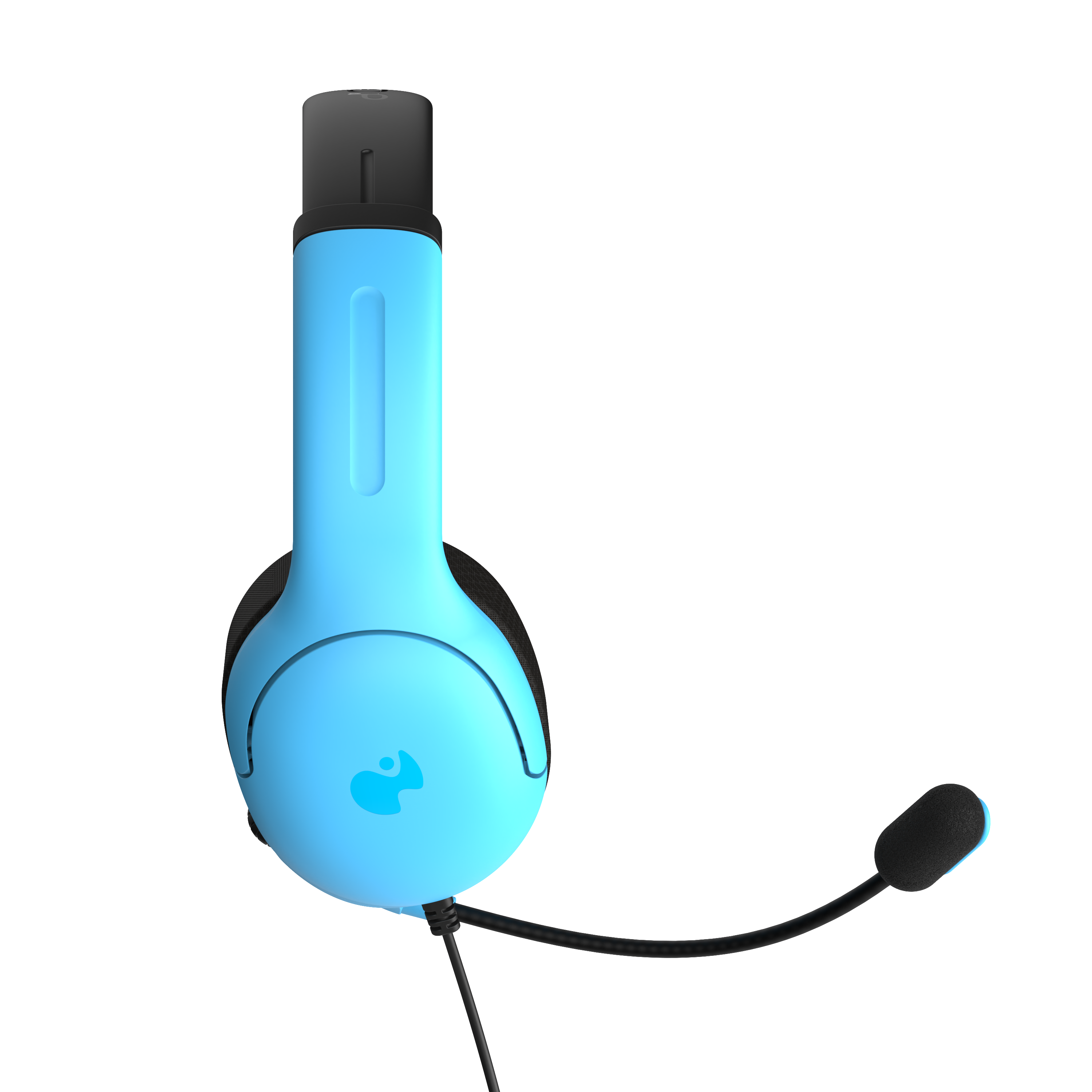 Blaues und schwarzes Gaming-Headset mit Mikrofon. Es ist auf schwarzem Hintergrund isoliert.