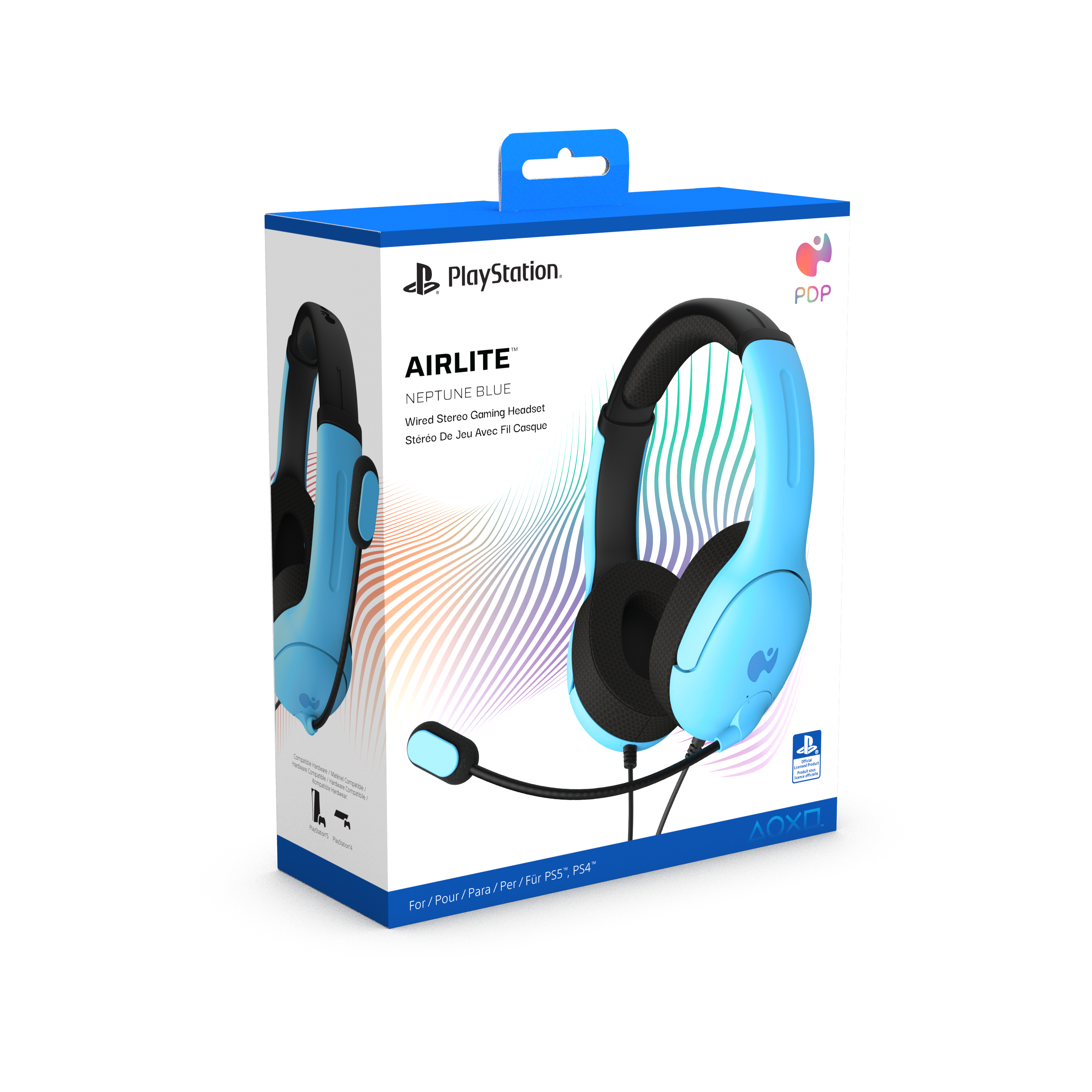 Blaue und schwarze Gaming-Headset-Box mit Headset-Bild.