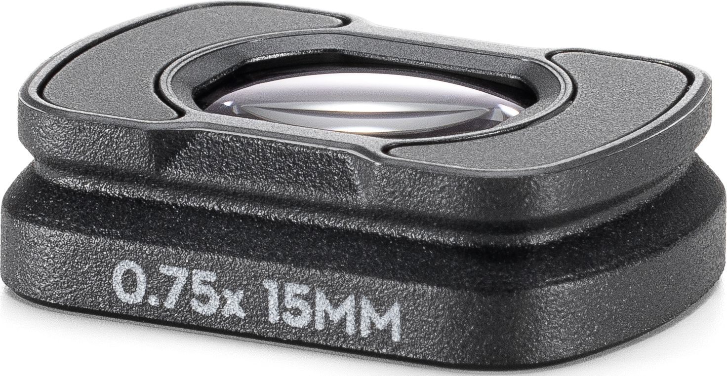 Schwarze Lupe mit dem Text '0.75x 15MM' auf weißem Hintergrund, mit einer transparenten Linse.
