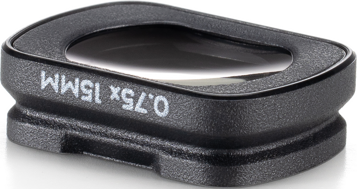 Schwarzer Objektivaufsatz mit weißem Text: 0,75x 15MM.
