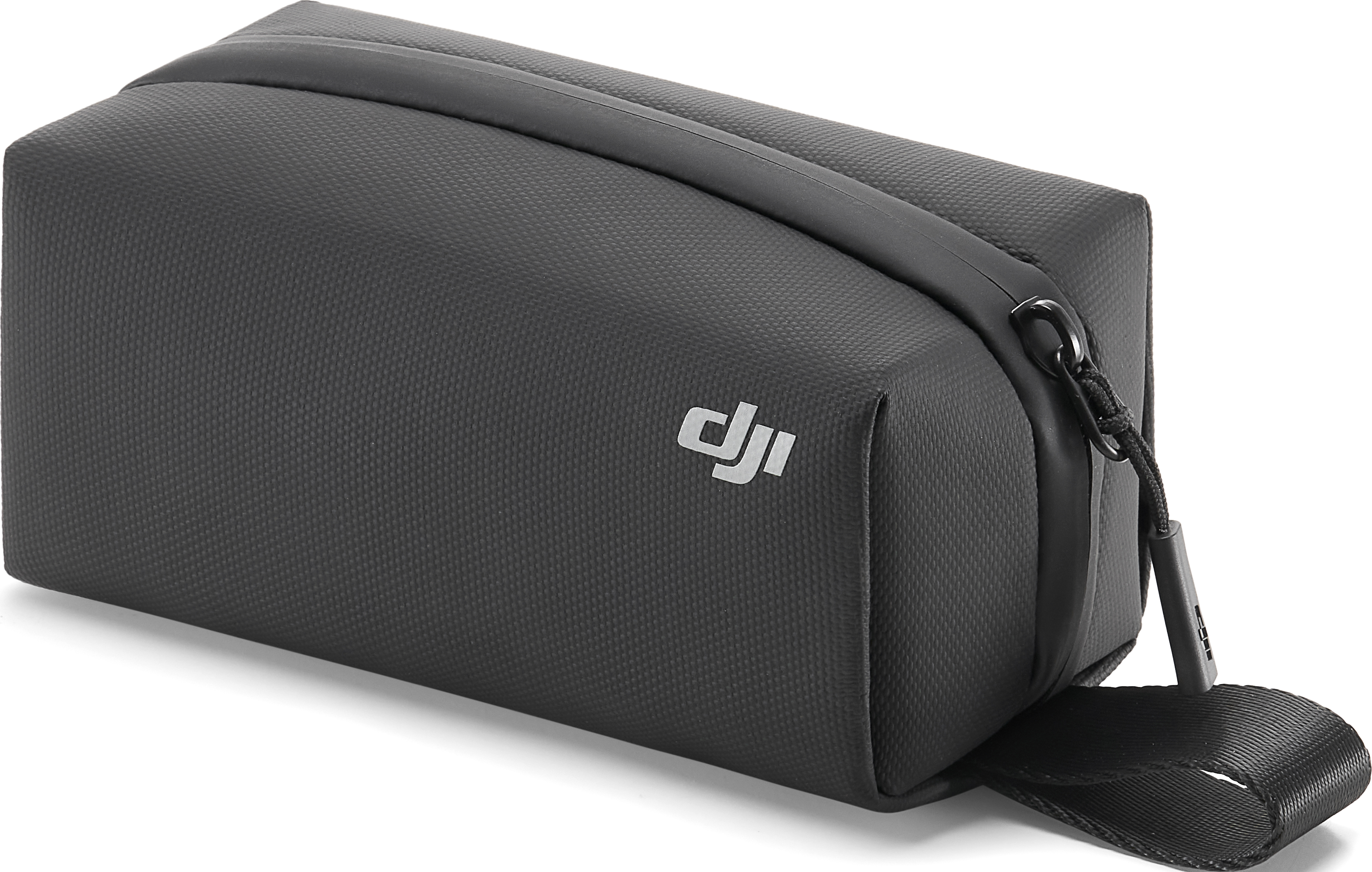 Schwarze rechteckige DJI-Tasche mit Reißverschluss, Griff und Logo auf weißem Grund.