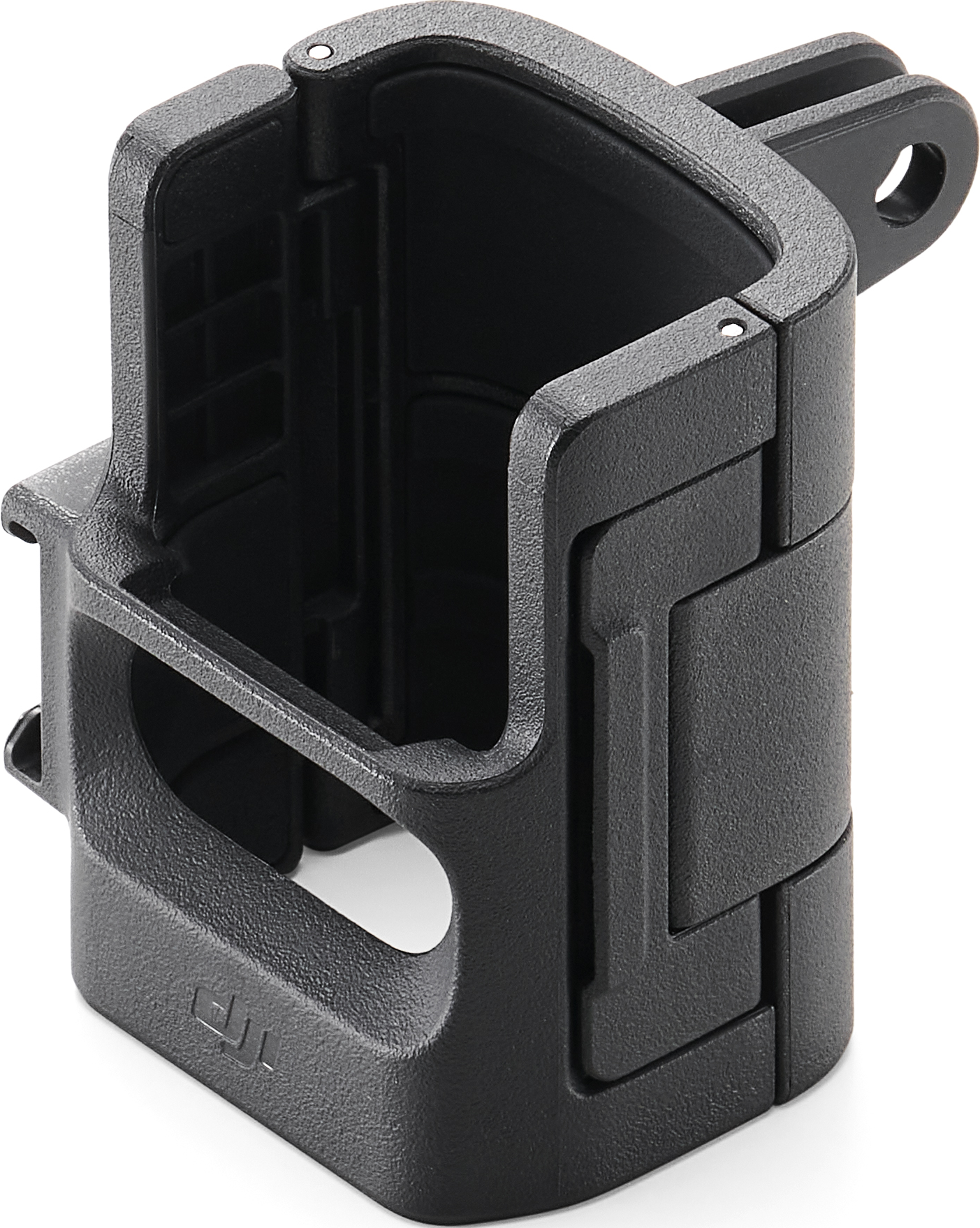 Cadre de caméra en plastique noir, logo DJI visible, fond blanc.