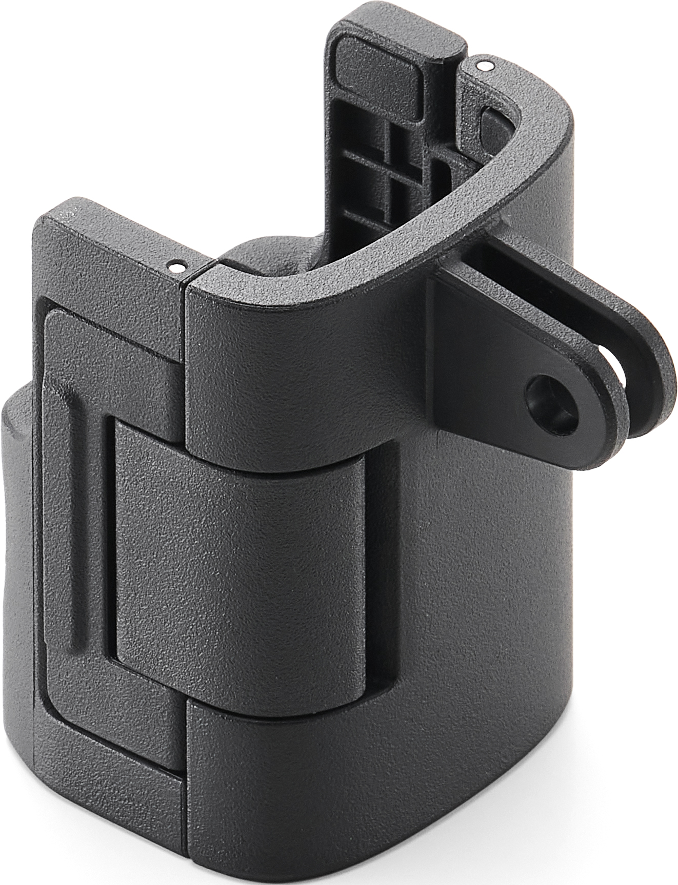 Support de caméra en plastique noir pour fixation, vue en angle.