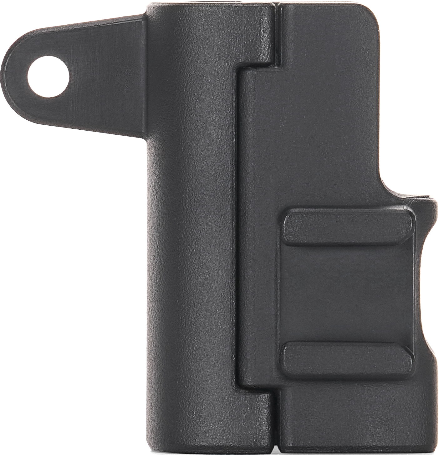 Un composant en plastique noir, avec un trou de montage et une forme rectangulaire avec un clip.