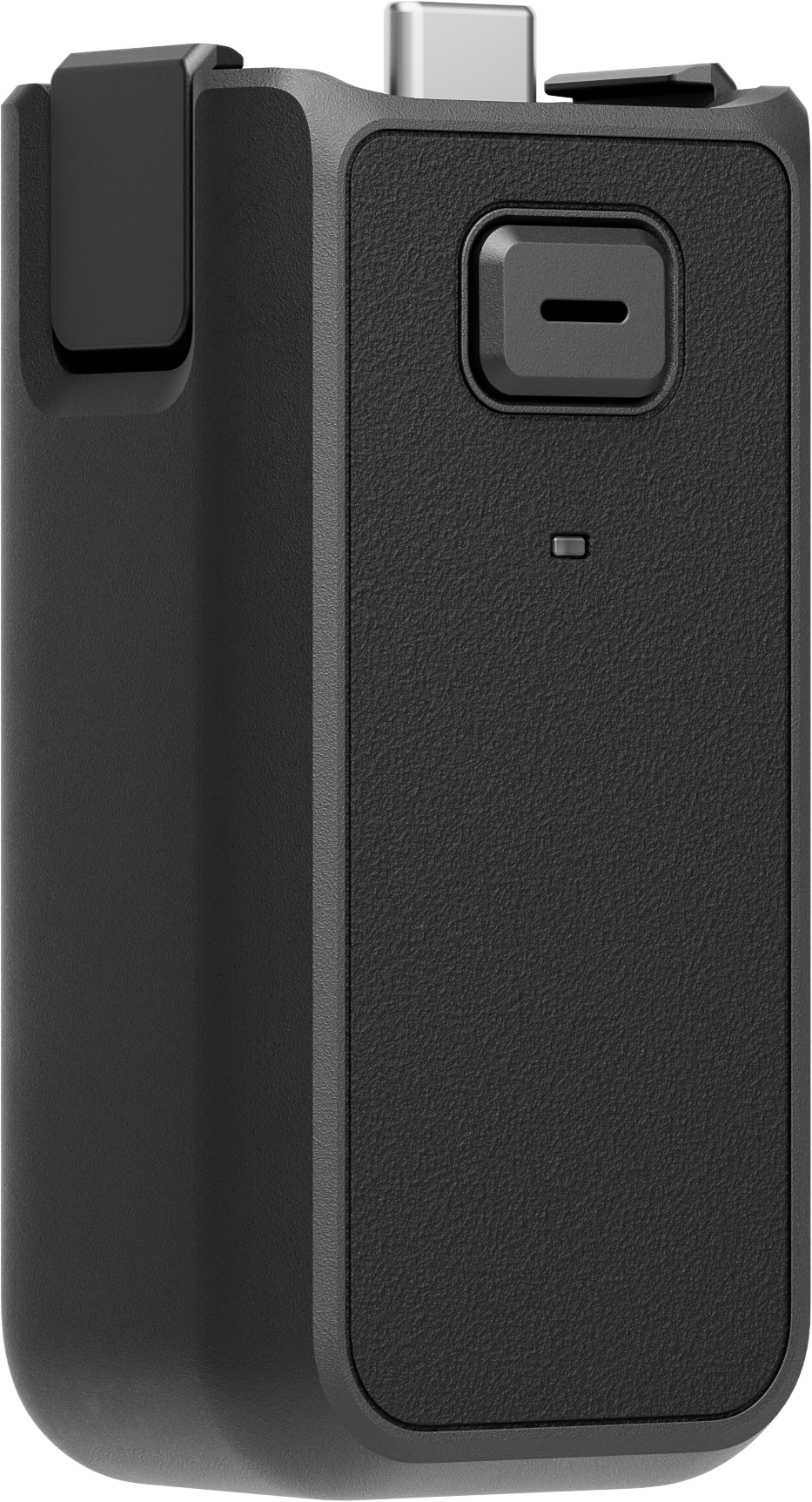 Appareil noir, rectangulaire, avec un bouton, un port USB-C et une petite LED.
