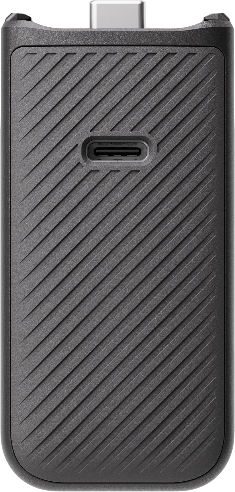 L'arrière d'un petit appareil électronique gris avec des lignes diagonales.