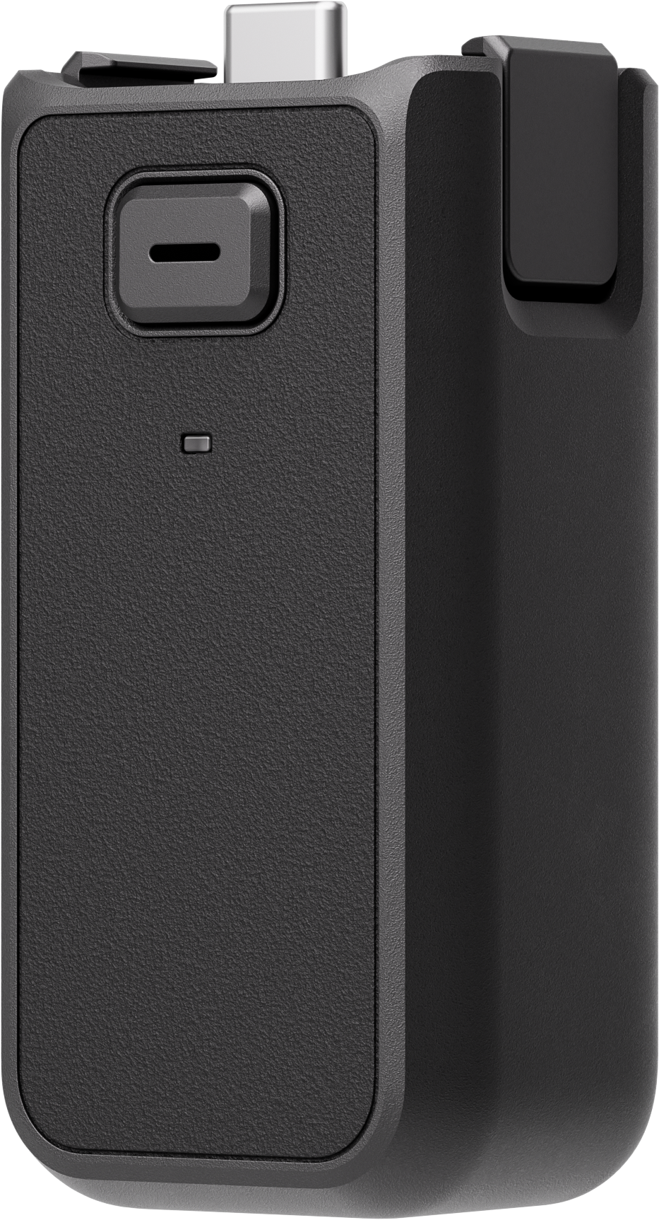 Appareil noir avec un bouton et un port. Surface texturée. Fond blanc.