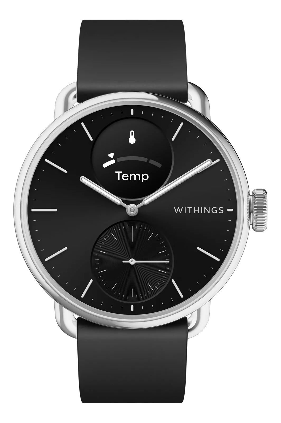 Uno smartwatch Withings nero con quadrante rotondo, cornice argentata e cinturino nero.