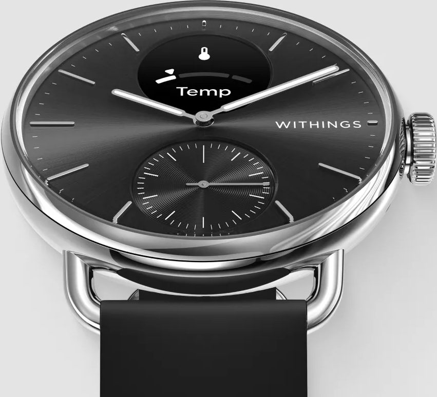 Smartwatch nero e argento con cinturino nero. Mostra un display con lettura della temperatura.