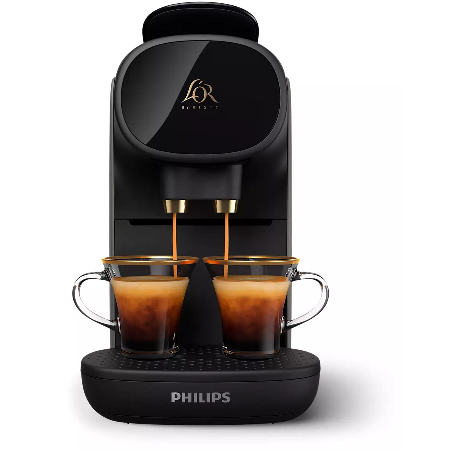 Zwarte Philips L'OR Barista koffiemachine die espresso in twee glazen schenkt.
