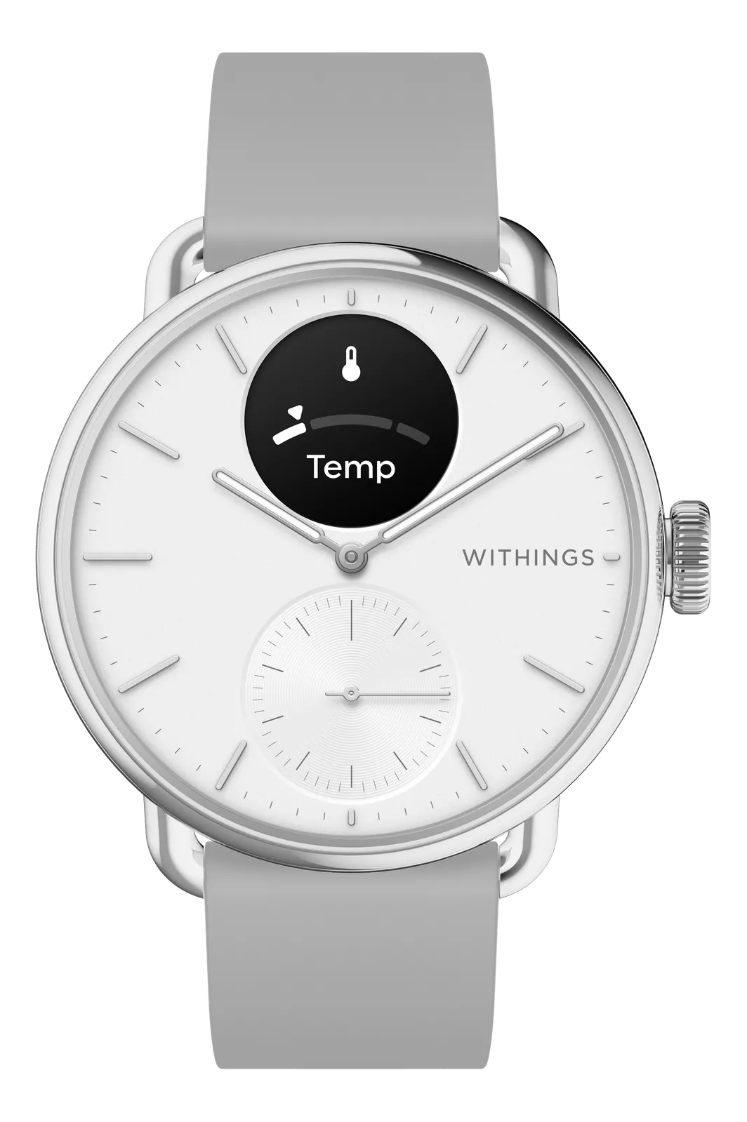 Smartwatch Withings con quadrante bianco e cinturino grigio. Mostra la temperatura.