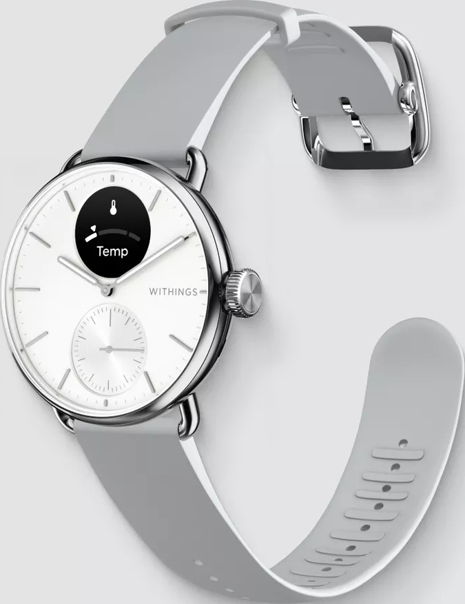 Uno smartwatch argentato con cinturino bianco e display digitale.