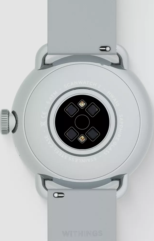 Withings Scanwatch 2, vista posteriore. Cinturino grigio, sensori e quadrante visibili.