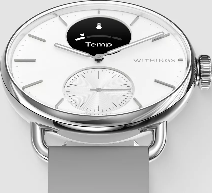 Uno smartwatch bianco con schermo nero che mostra 'Temp' e l'icona del meteo.