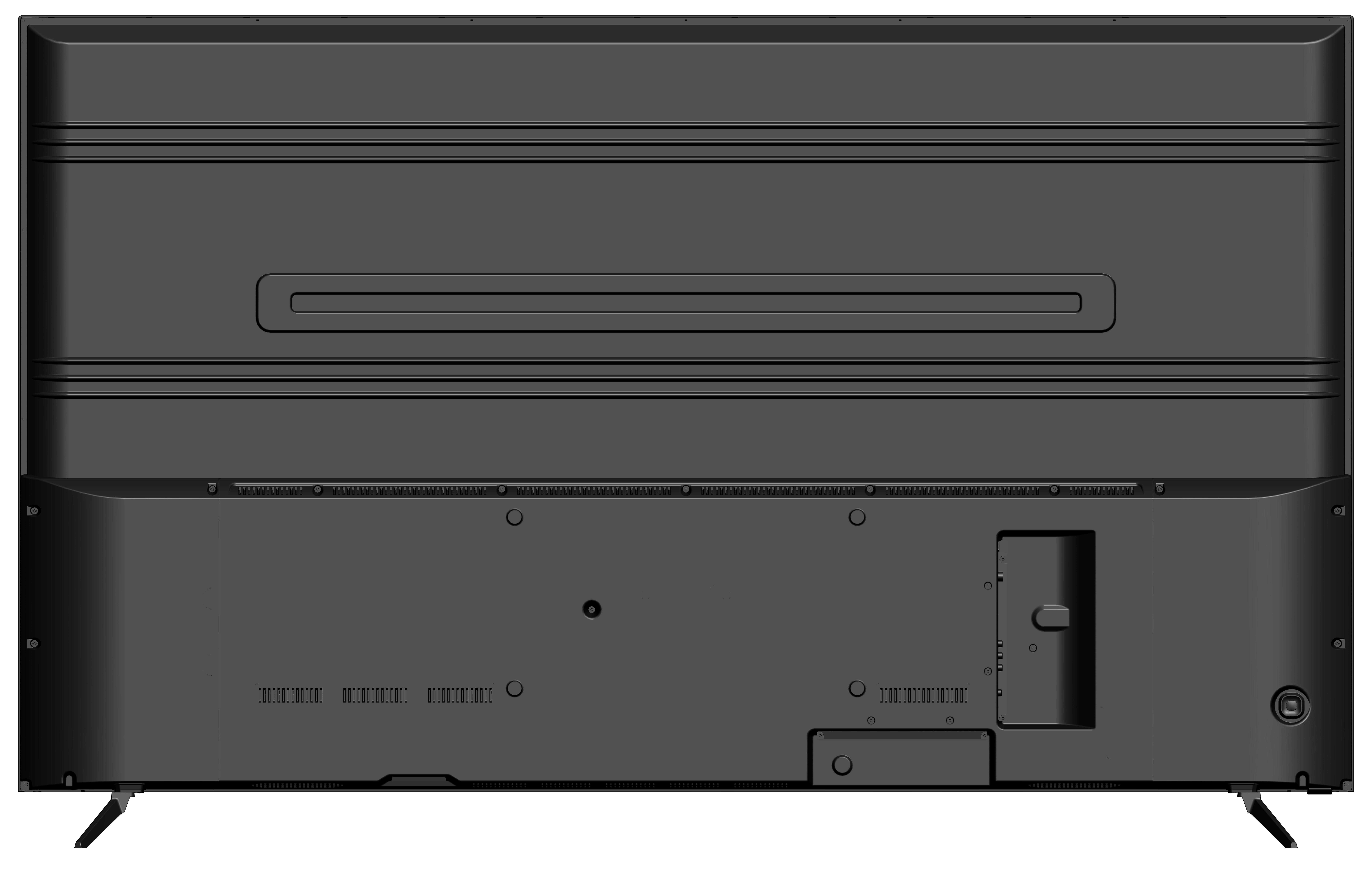 Schwarzer Fernseher, Rückansicht. Mehrere horizontale Rillen und verschiedene Anschlüsse.
