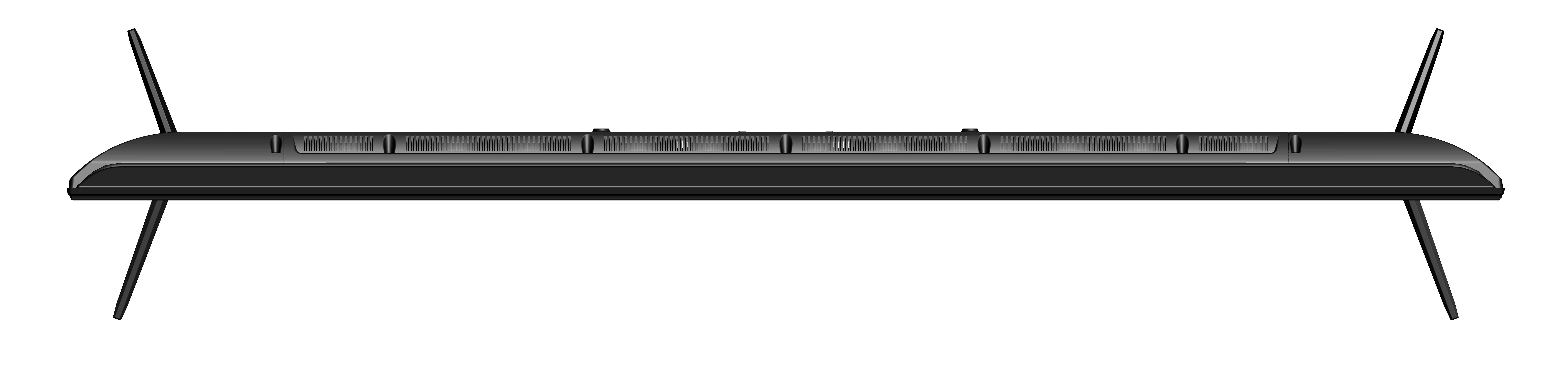 Ein schlanker, schwarzer Fernseher von oben, auf weißem Hintergrund. Auf jeder Seite sind zwei Beine sichtbar.