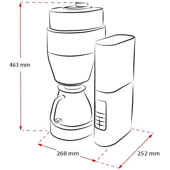 Strichzeichnung einer Kaffeemaschine und einer Kanne mit Abmessungen, weißer Hintergrund.