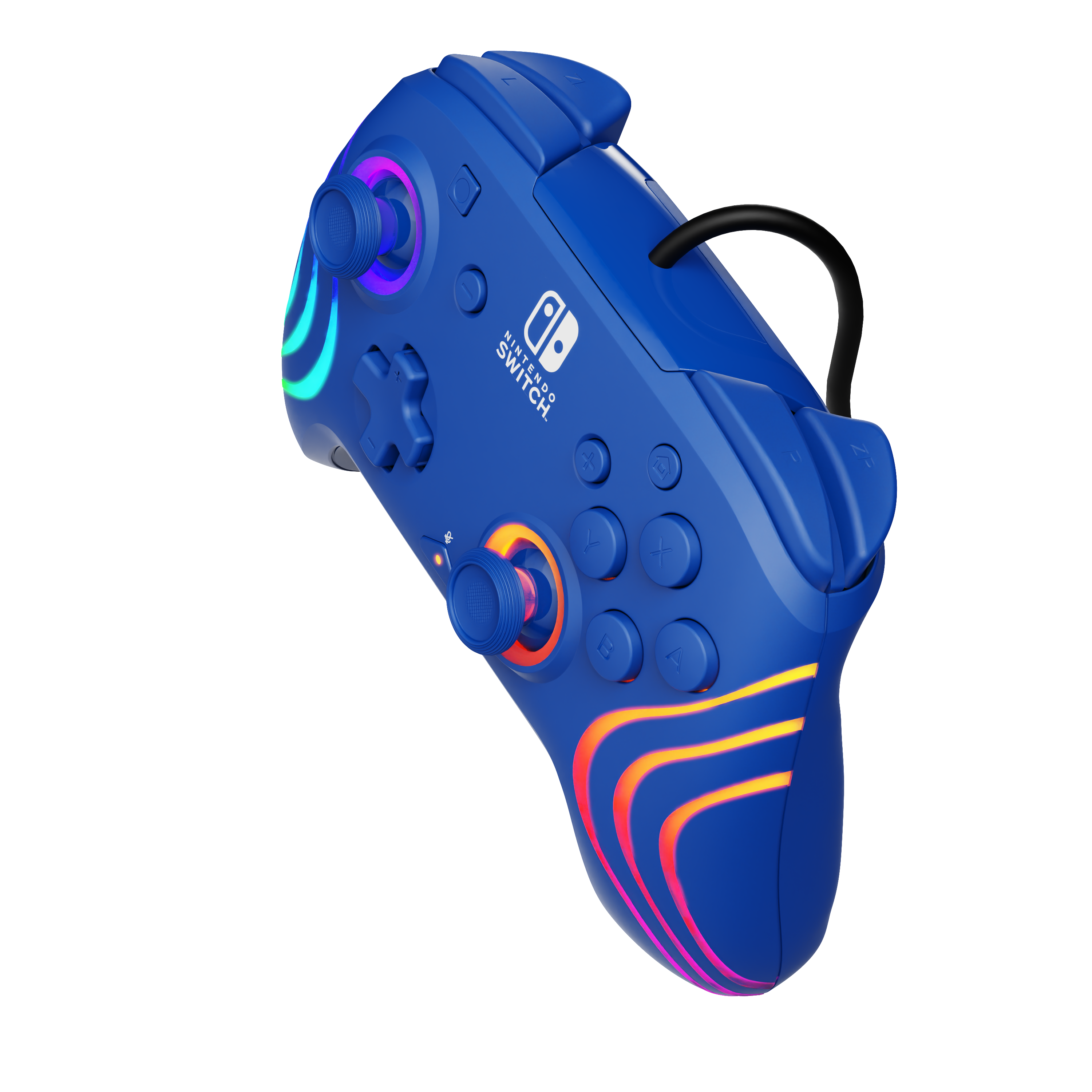 Ein blauer Nintendo Switch Controller mit Regenbogenlichtern und einem schwarzen Kabel.