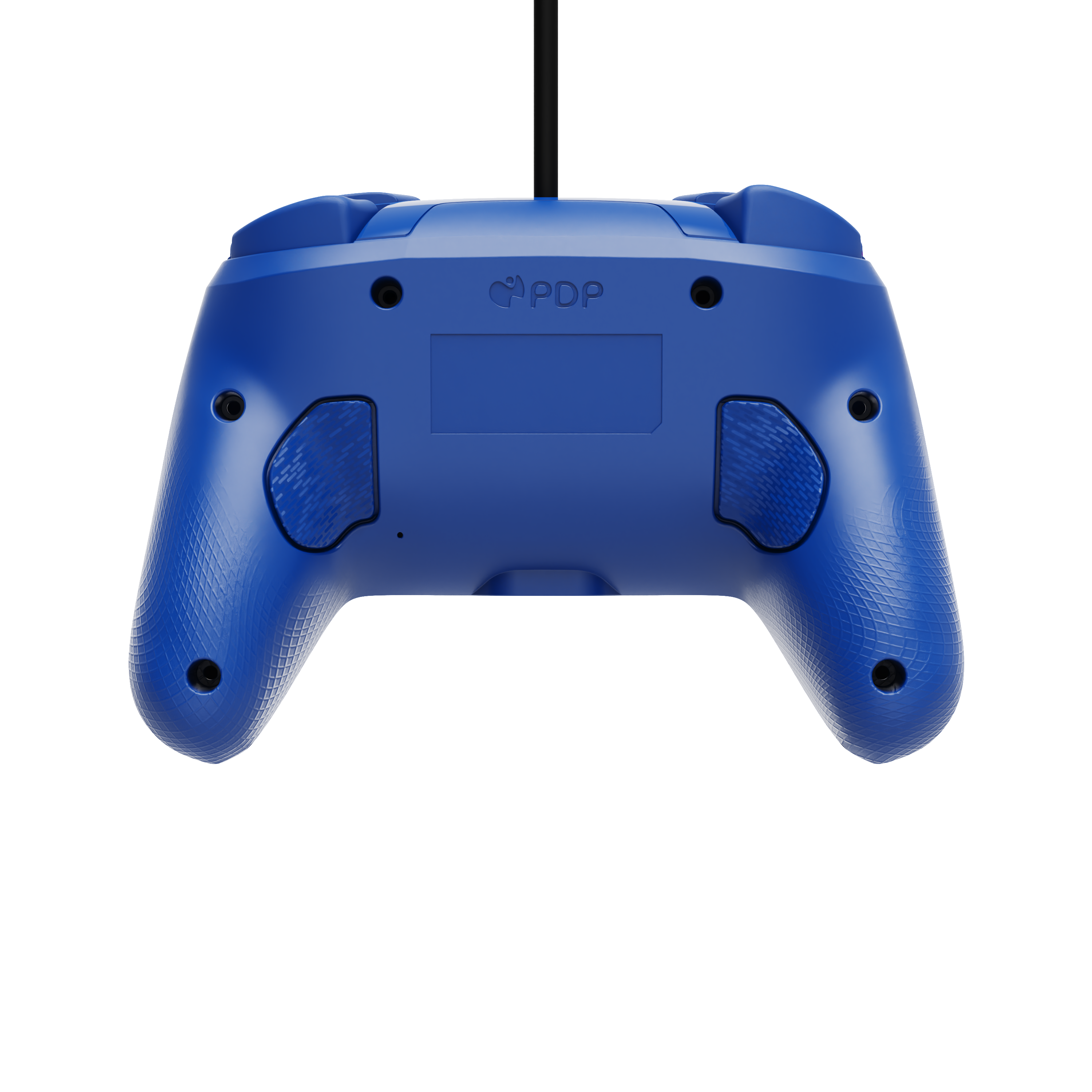 Rückseite eines blauen Gamecontrollers mit PDP-Logo und strukturierten Griffen.