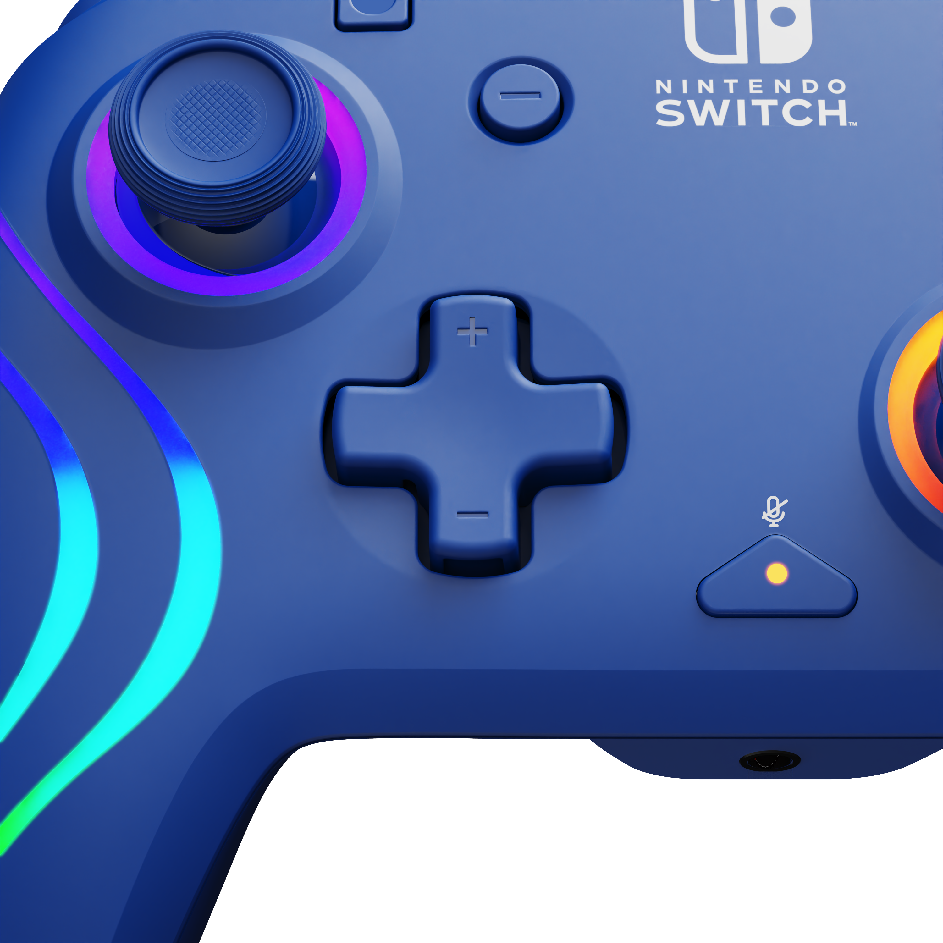 Blauer Nintendo Switch Controller mit bunten Knöpfen und Joystick, Nahaufnahme auf weißer Oberfläche.