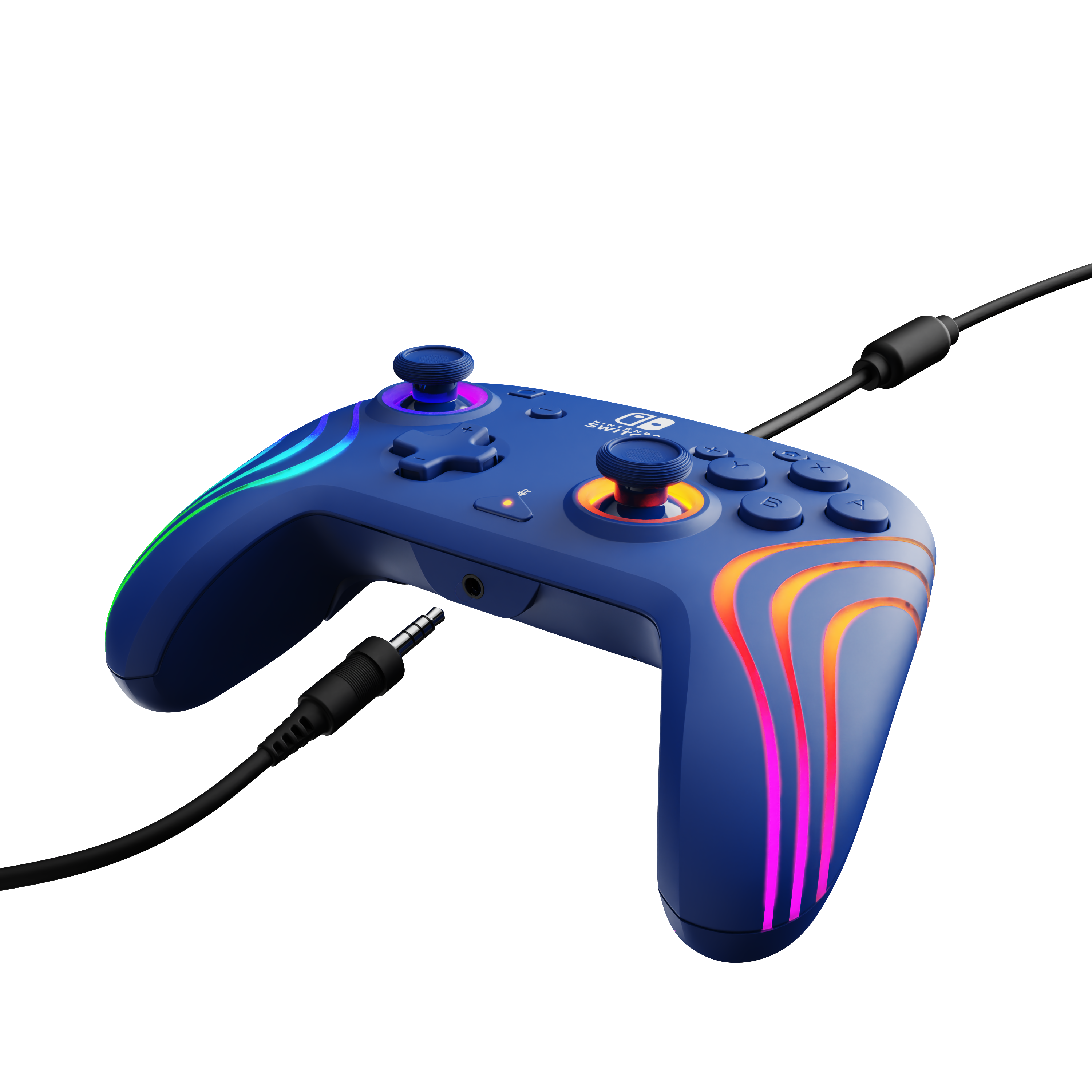 Blauer Controller mit farbigen Akzenten, mit Kabel angeschlossen.