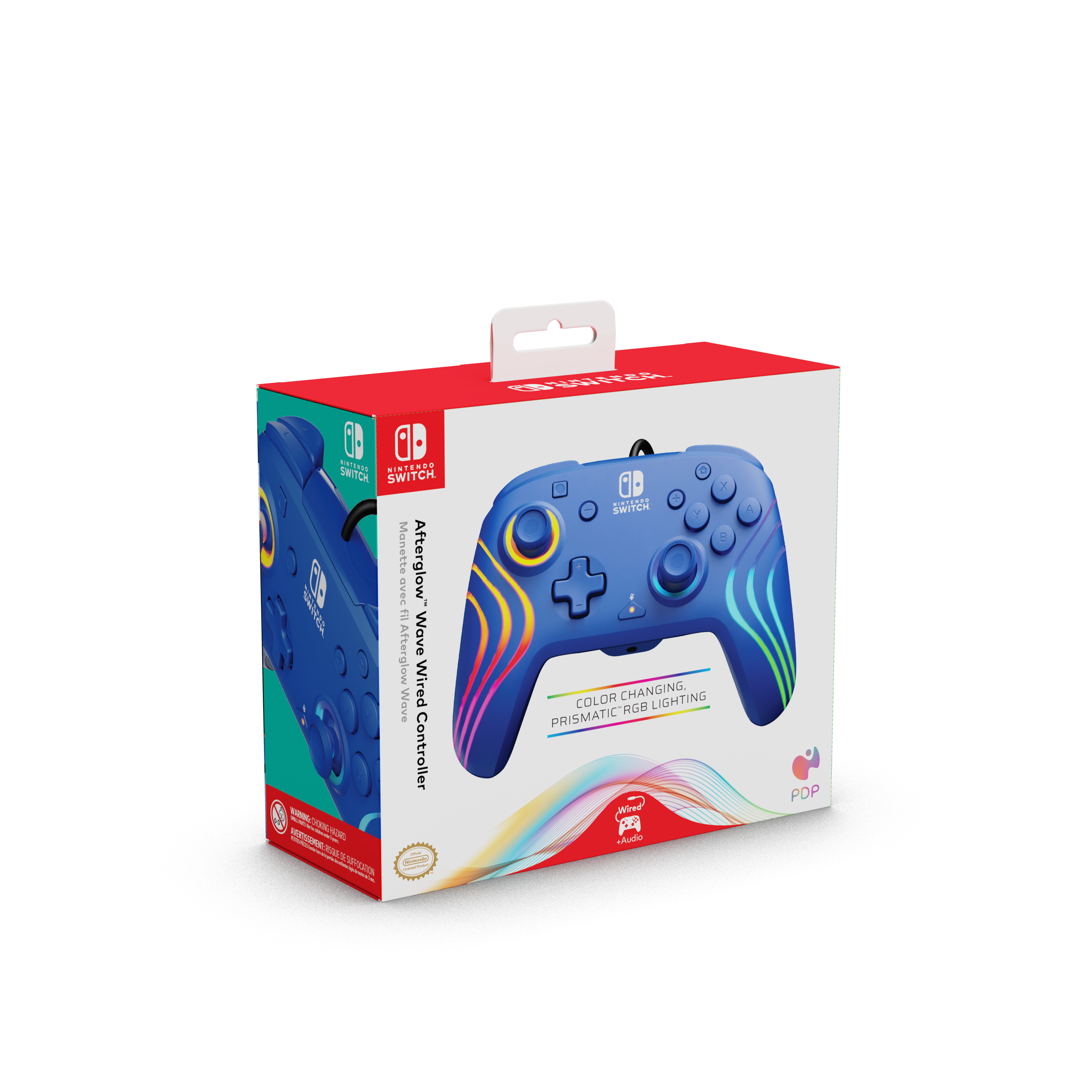 Verpackter blauer Controller mit Controller-Design und farbwechselnder RGB-Beleuchtung.