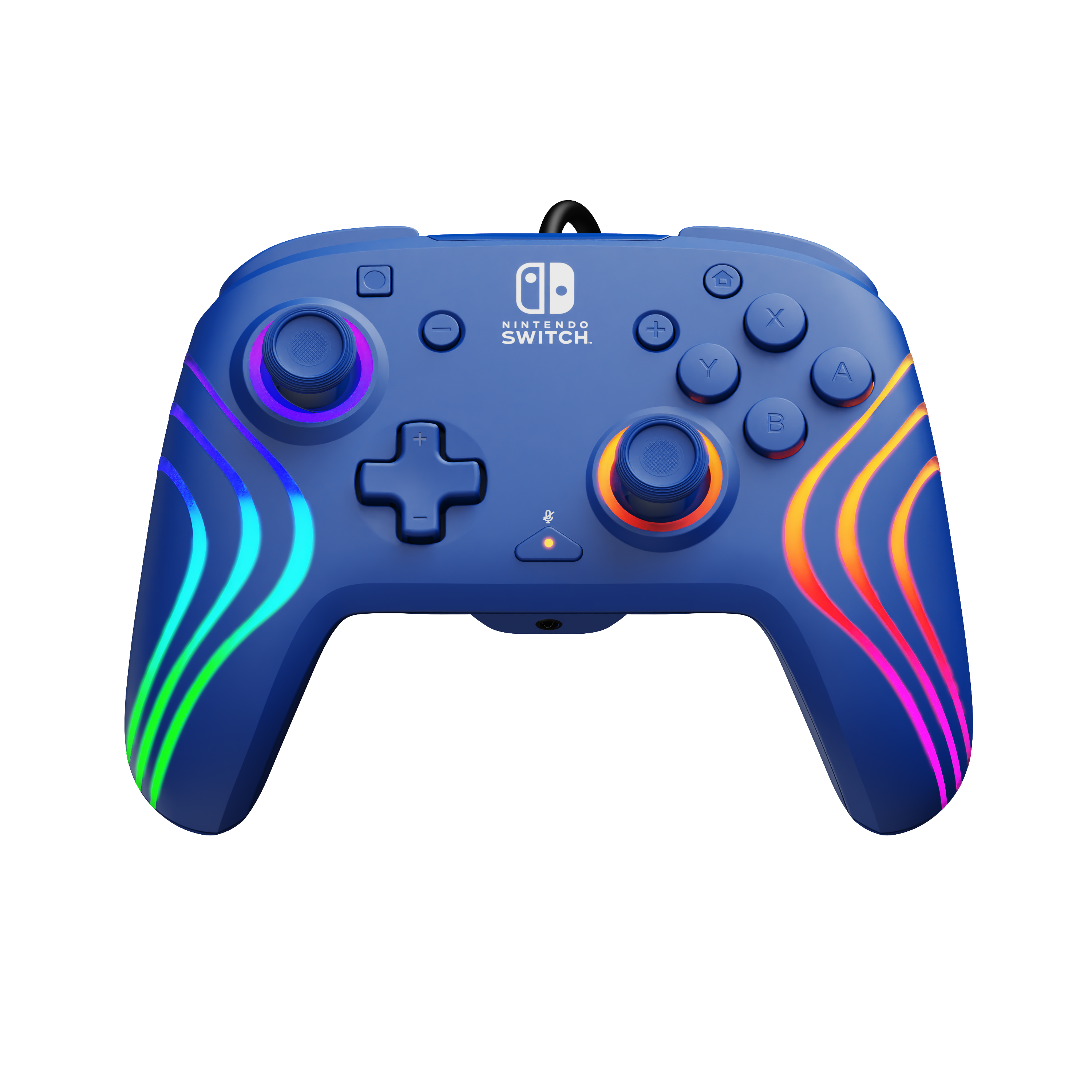 Ein blauer Nintendo Switch Controller mit farbigen Lichtleisten an den Seiten.