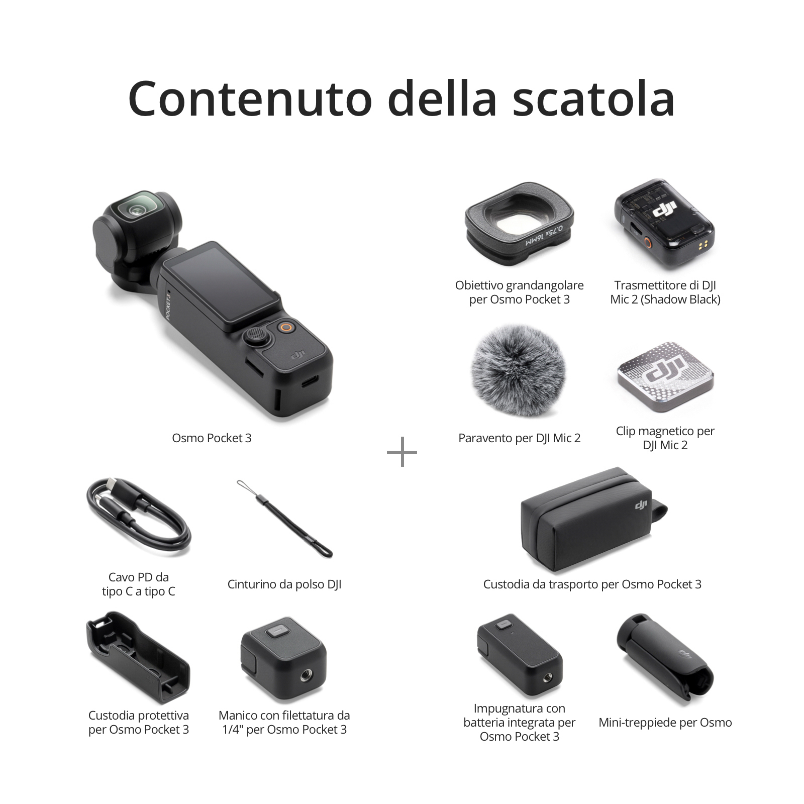 Contenuto della scatola: fotocamera, microfono, cavi e altri accessori per una fotocamera Osmo Pocket 3.