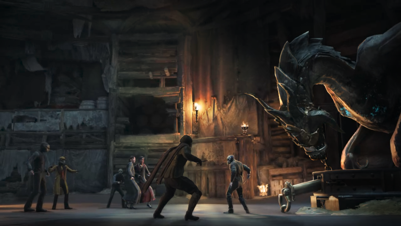Eine Gruppe von Leuten steht einem großen Drachen in dunkler Kammer gegenüber.