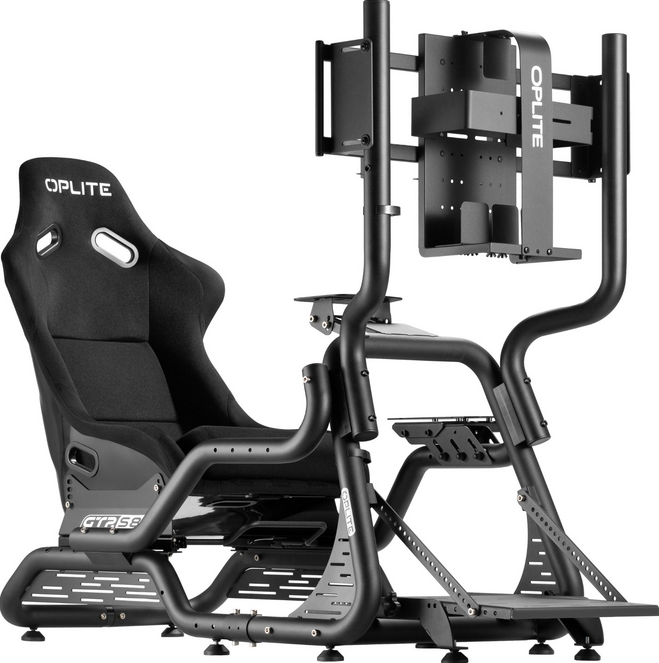 Sedile nero per simulatore di corse con telaio in metallo e supporti monitor.