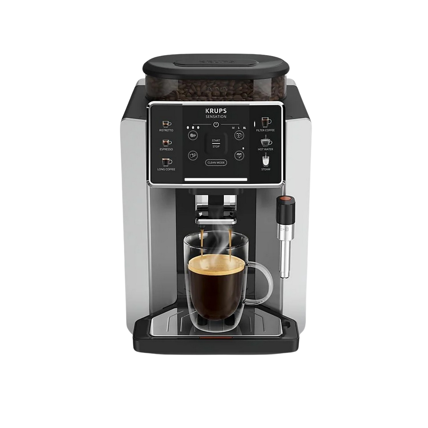 Een Krups koffiemachine die koffie zet in een glazen kopje. Met knoppen en een bonenreservoir.