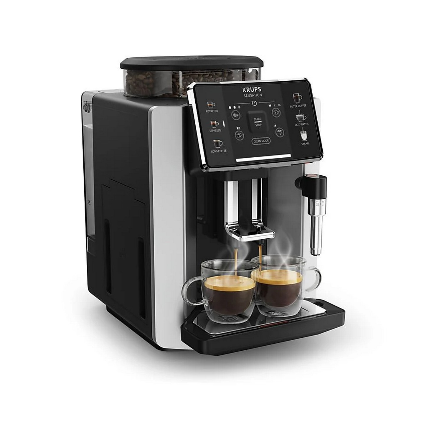 Espressomachine die koffie zet in twee glazen bekers.