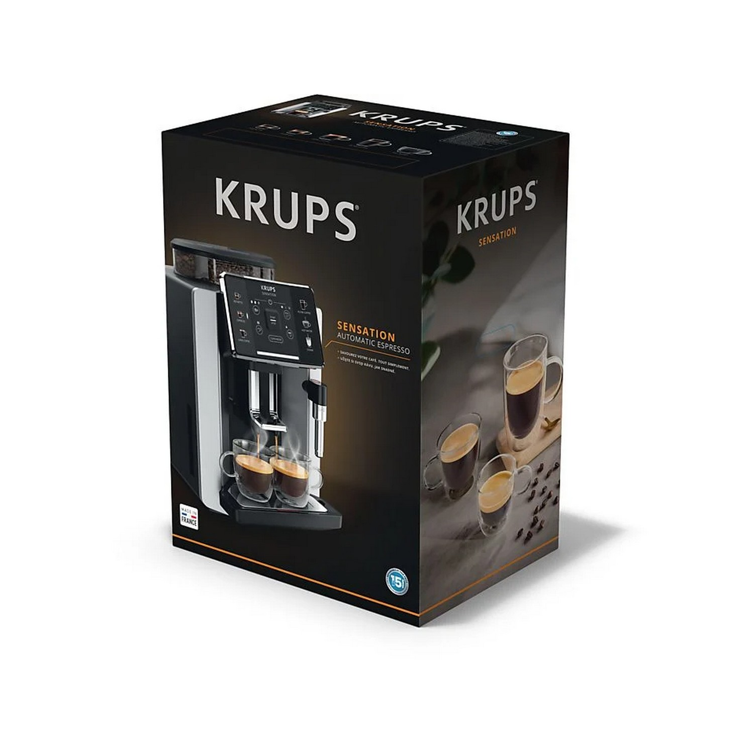 Krups Sensation automatische espressomachine, in een doos met foto's, op een wit oppervlak.