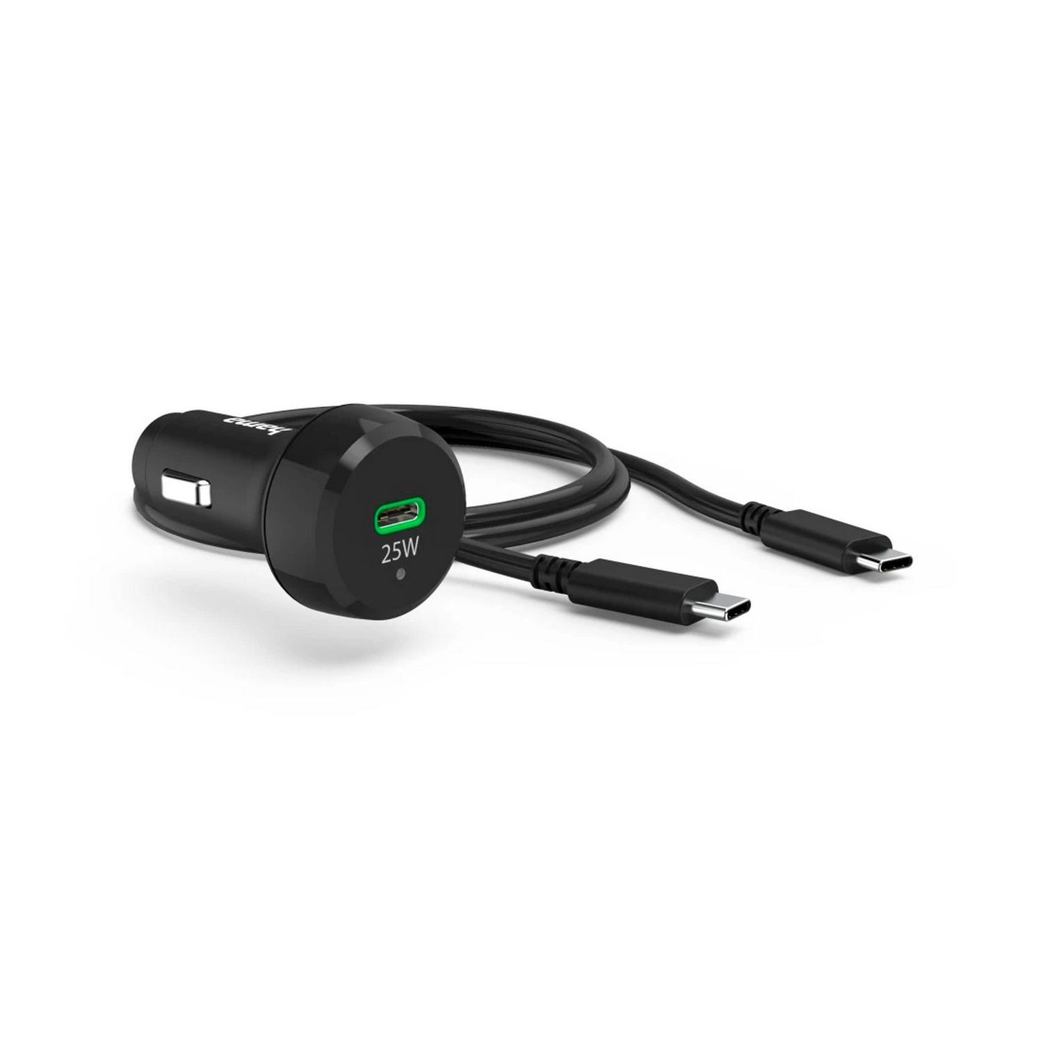 Zwarte autolader met een groen 25W logo en twee USB-C kabels.
