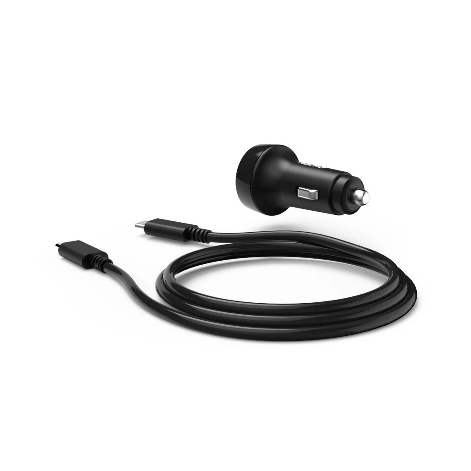 Een zwarte autolader met een USB-C-kabel en een zwarte kabel, alles op een witte achtergrond.