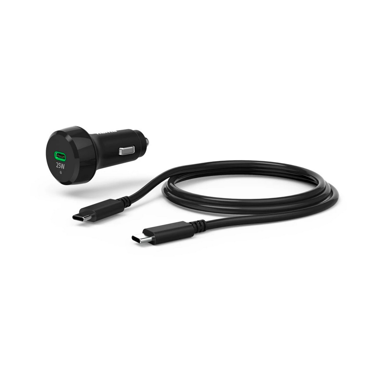 Zwarte autolader met zwarte kabel.