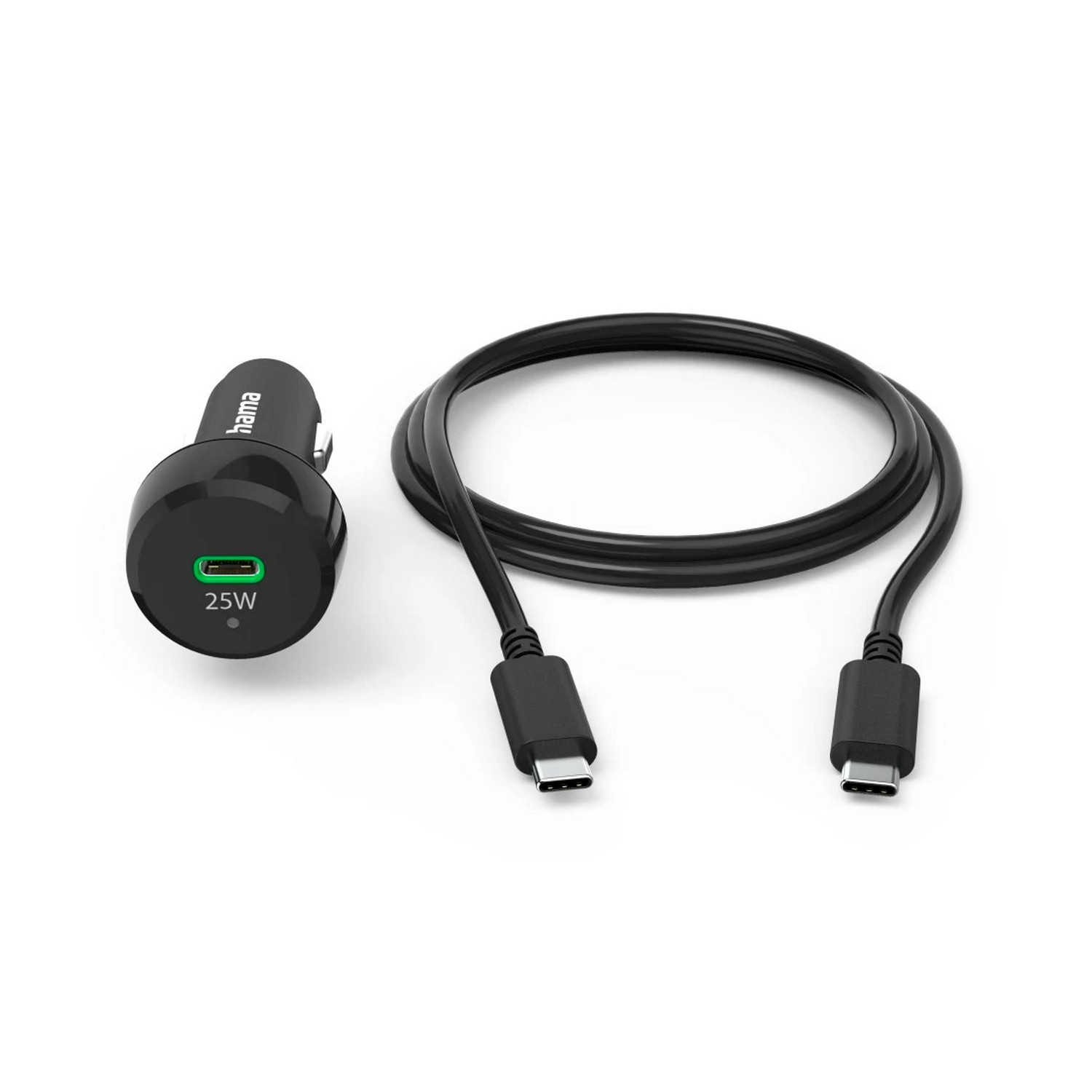 Zwarte Hama autolader met een label van 25W en een USB-C-kabel, op een witte achtergrond.
