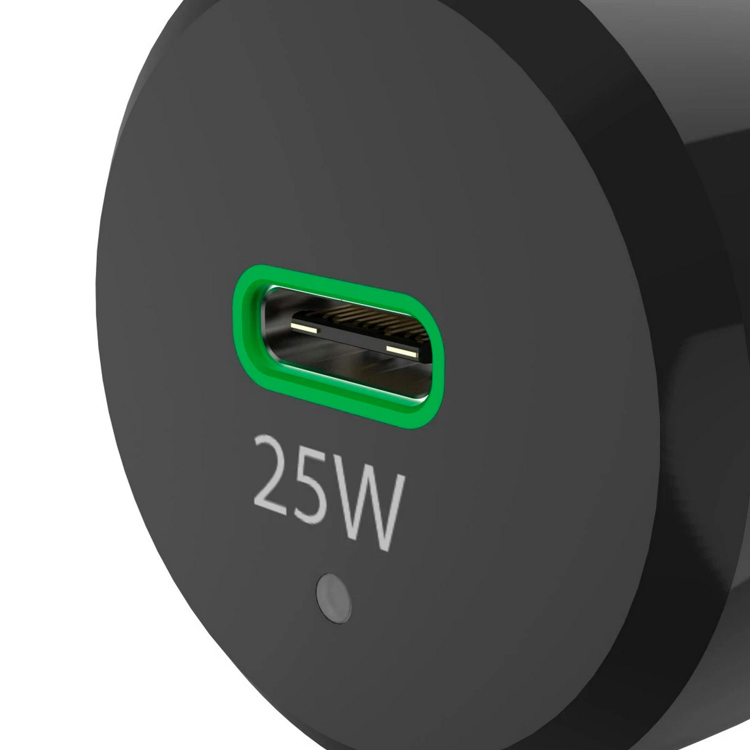Een zwarte oplader met een USB-C-poort. Er staat 25W met een groene rand rond de poort.