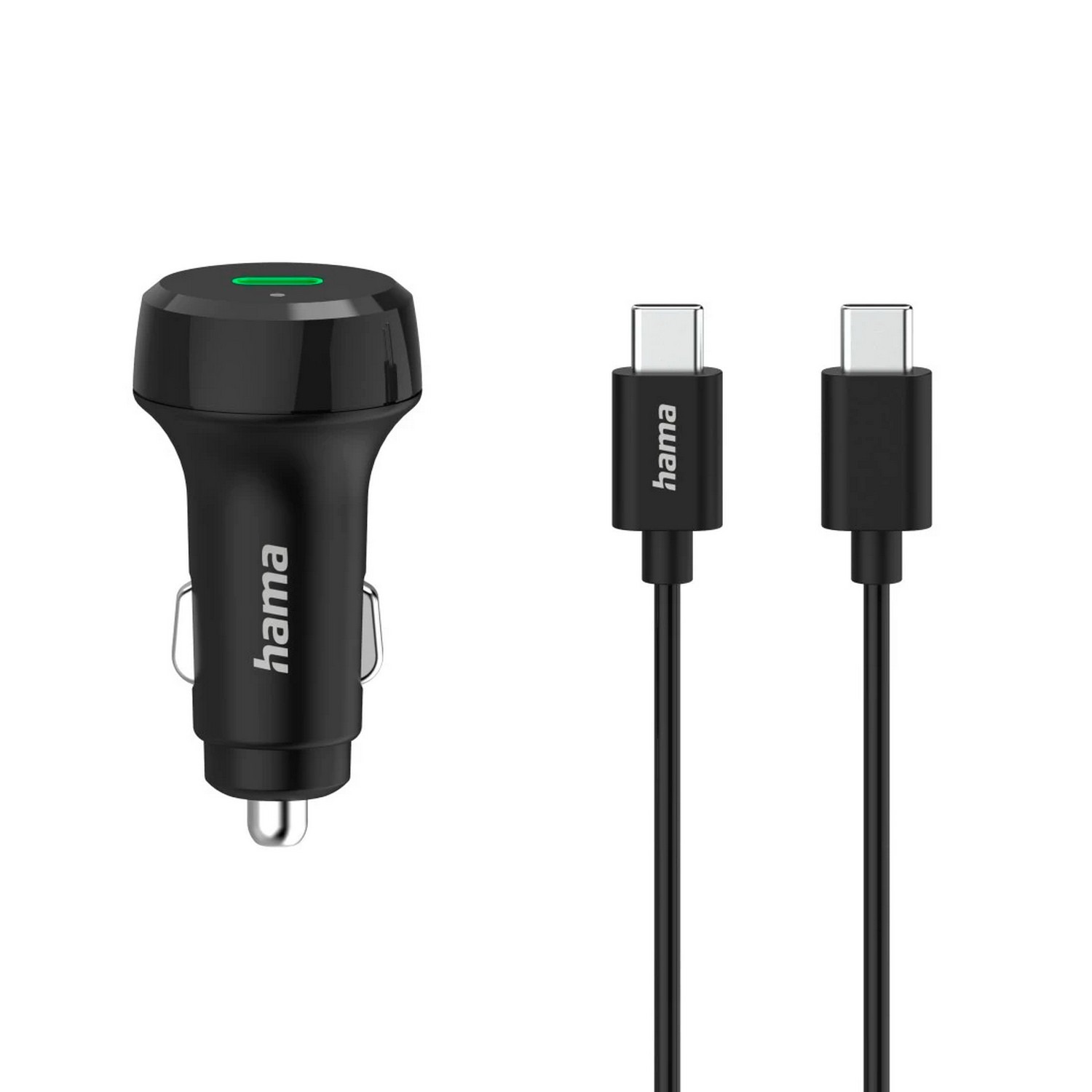 Zwarte autolader met een Hama-logo naast twee zwarte USB-C-kabels. De achtergrond is wit.