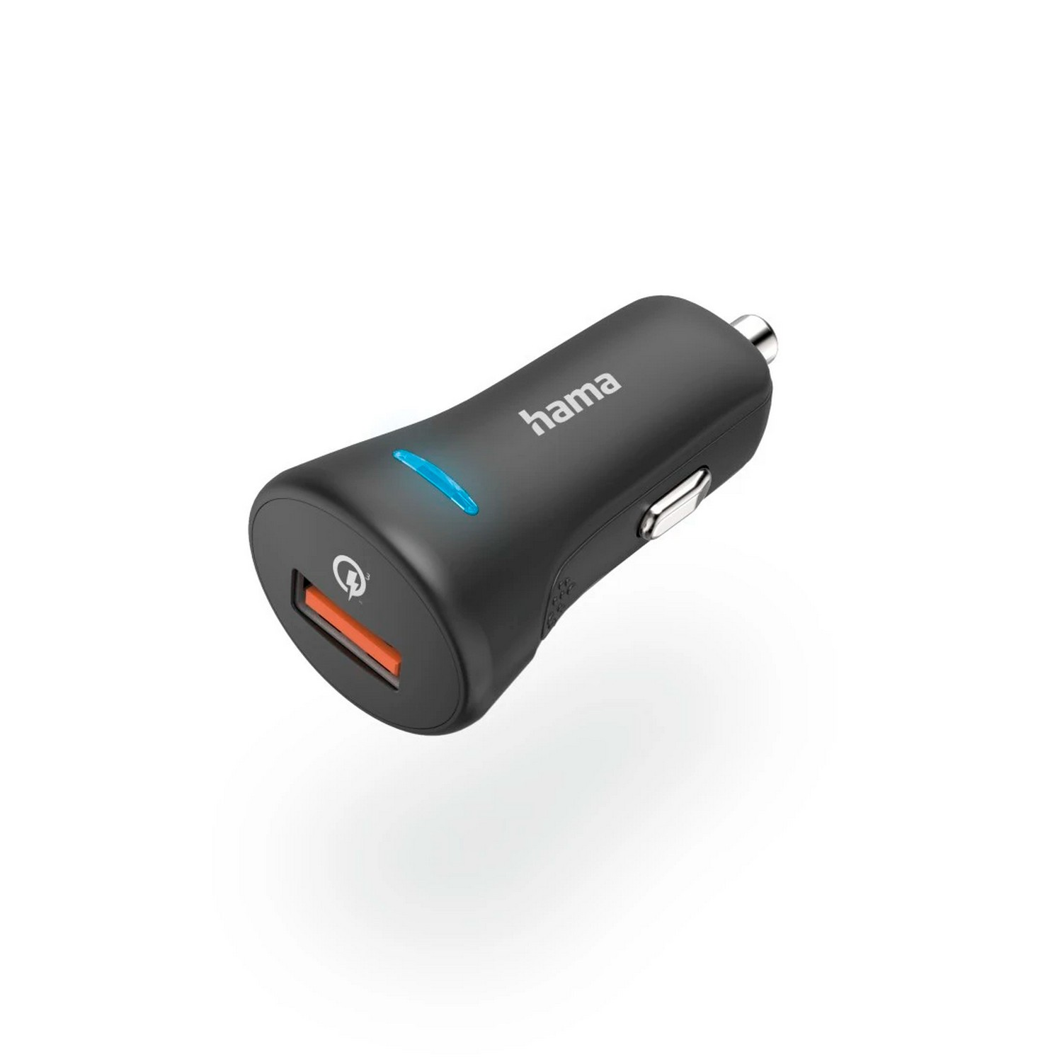 Een zwarte Hama autolader met een blauw lampje en een oranje USB-poort.