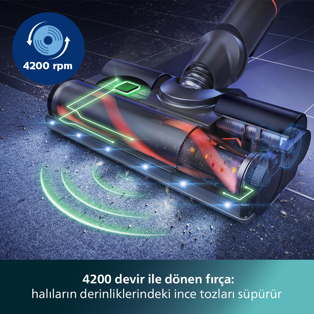 Dönen fırçalı, toz ve ışık efektli bir elektrikli süpürge başlığı, mavi fayanslı bir zeminde.